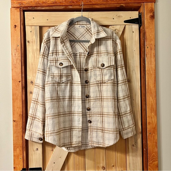 Lizard Thicket Tops - LIZARD THICKET Women's Plaid Flannel - Cream and Brown
